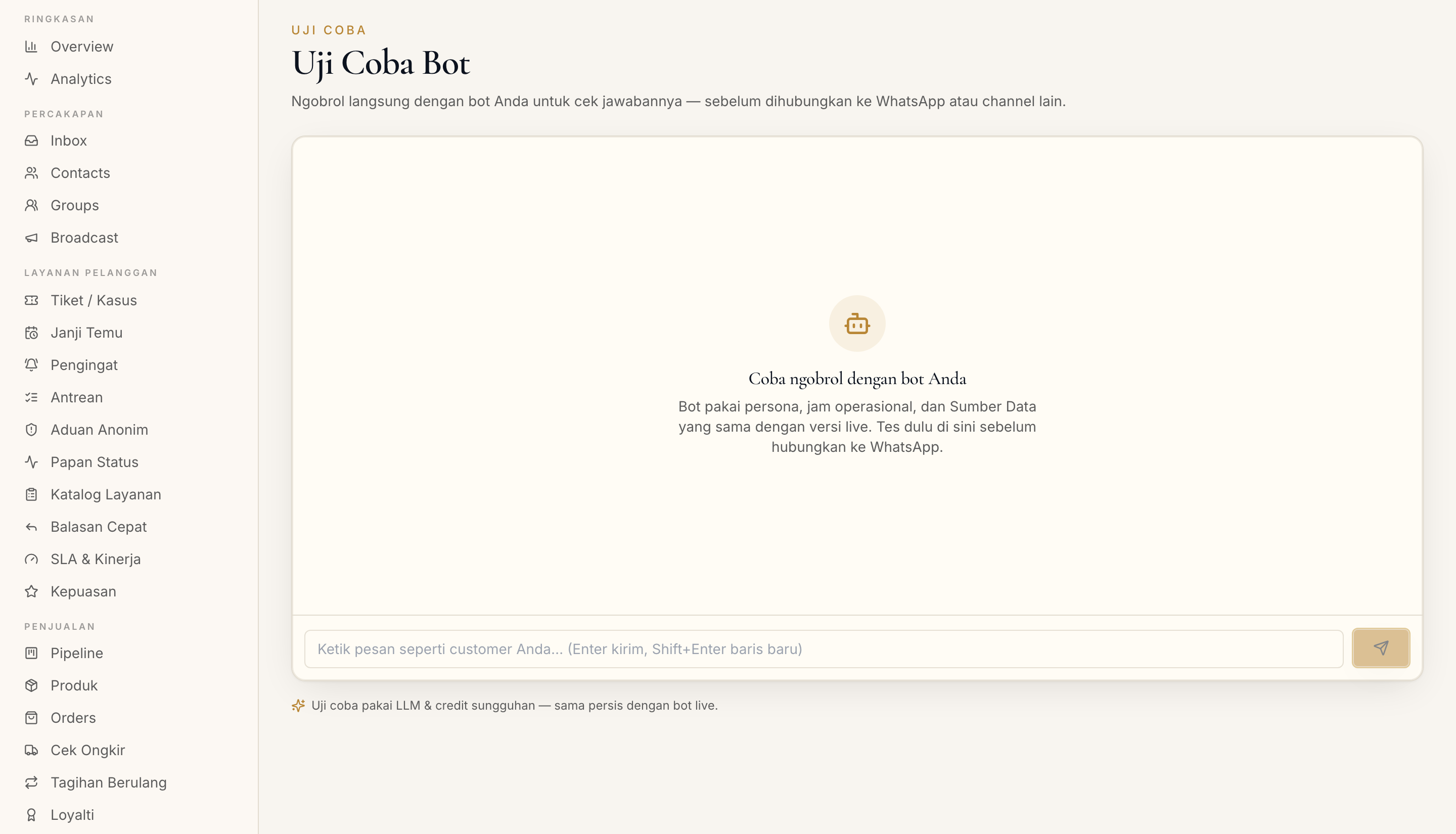Halaman Uji Coba Bot di dashboard
