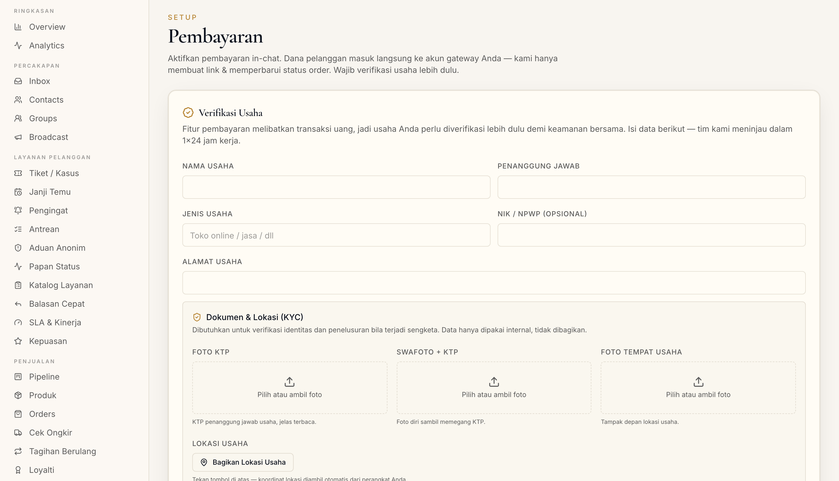 Halaman Pembayaran di dashboard