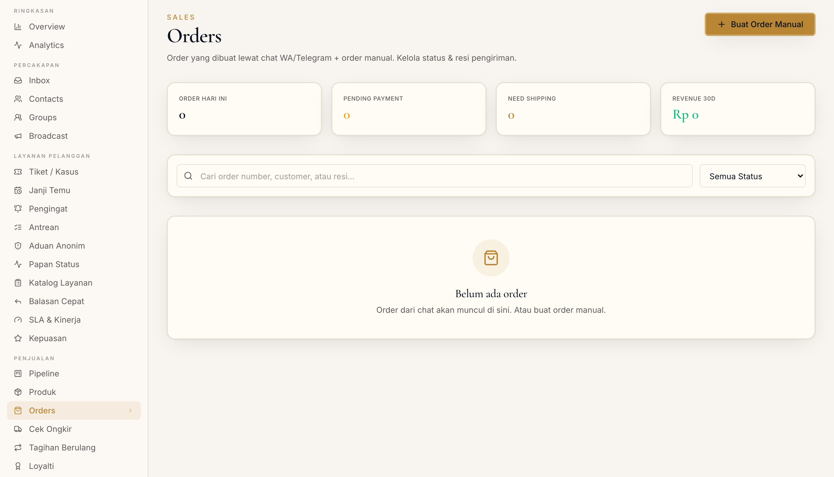 Halaman Pesanan di dashboard